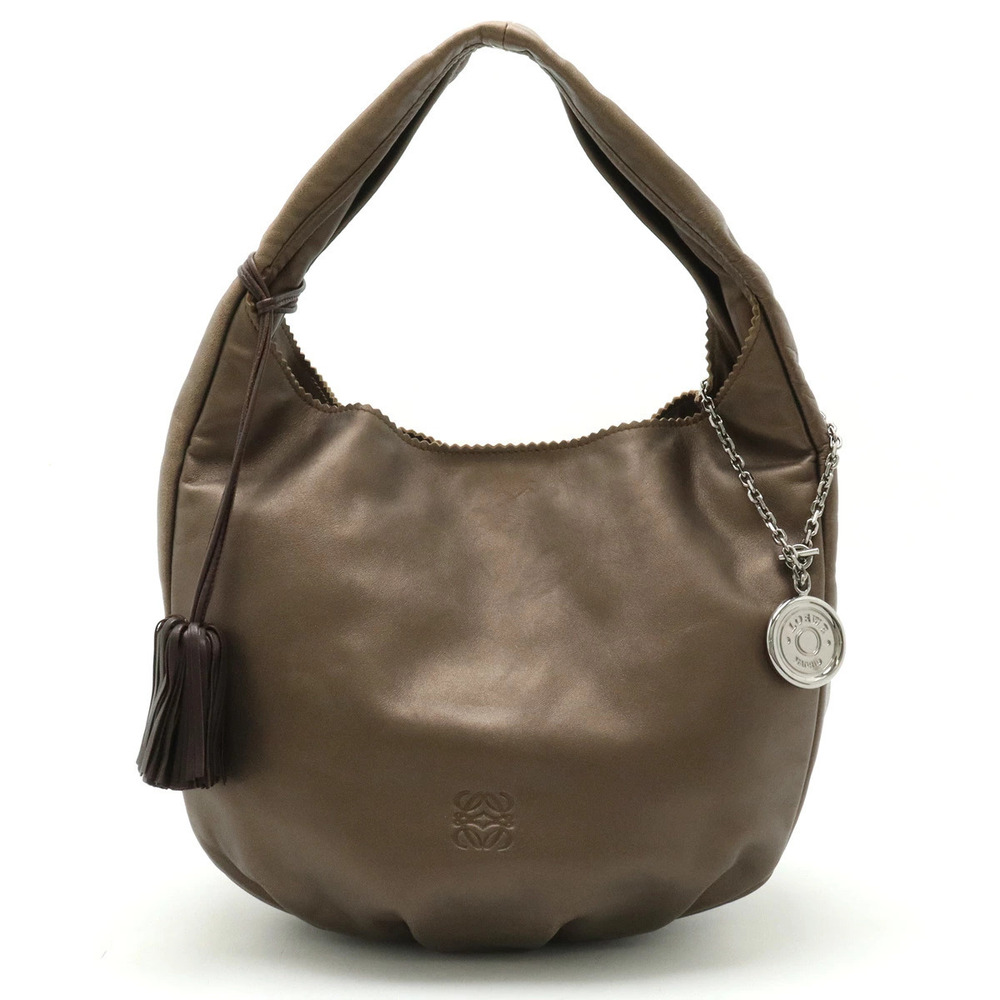 Loewe Viento Anagram Shoulder Bag Hobo Fringe Charm Nappa Leather Brown Metallic